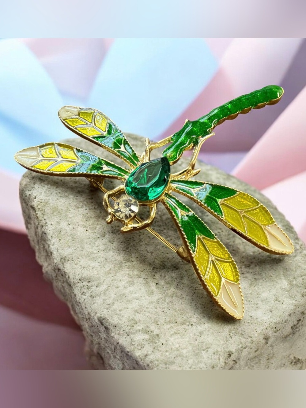 Dragonfly Green Enamel Brooch Pin Crystal Insect Badge NEW